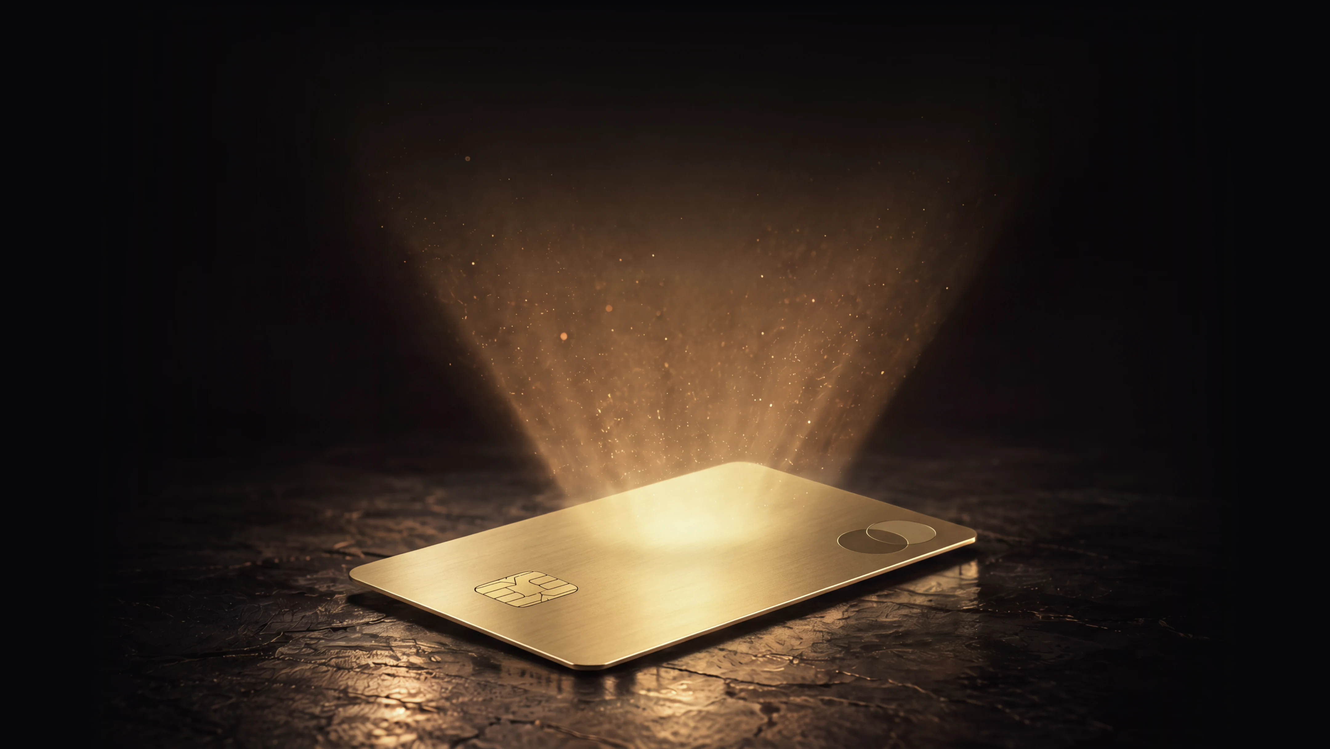 A gold card lying on dark stone under a beam of golden light